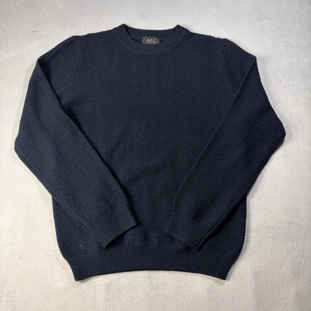 A.P.C. Mens Navy Blue 100% Wool Textured Chevron Knit Crewneck Sweater Size M